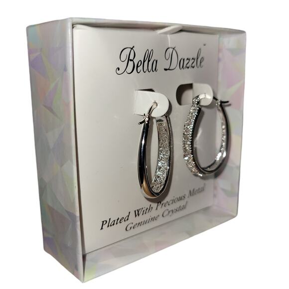 Bella Dazzle Silver Plated Beaded Oval Hoop Earring with Graduated Crystals - Picture 3 of 4